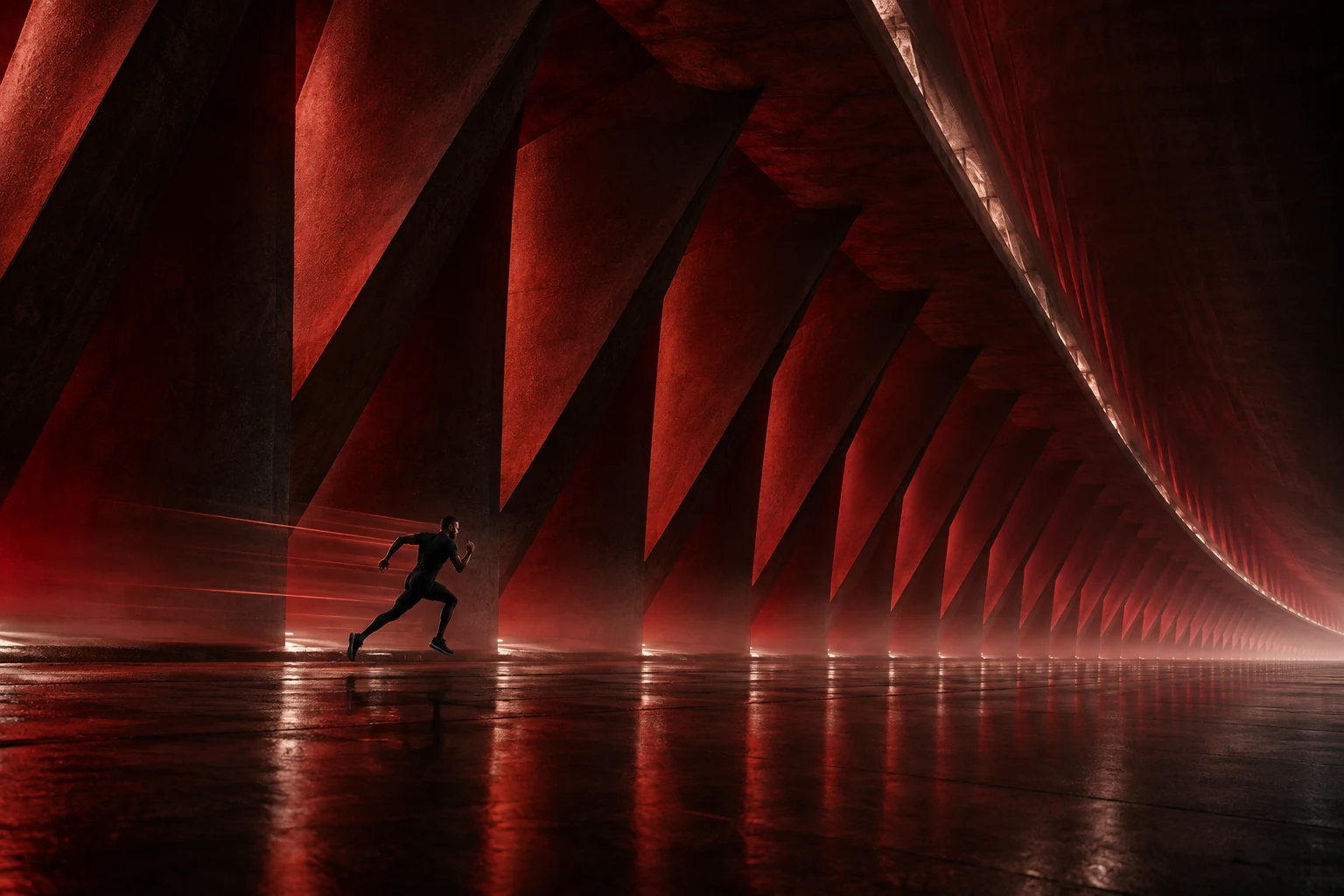 Athlete running through a monumental space with turquoise lighting