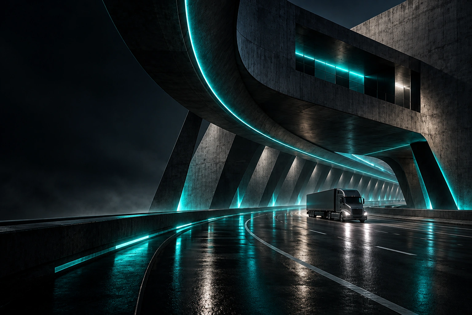 Semi-truck on a highway at dusk with turquoise reflections