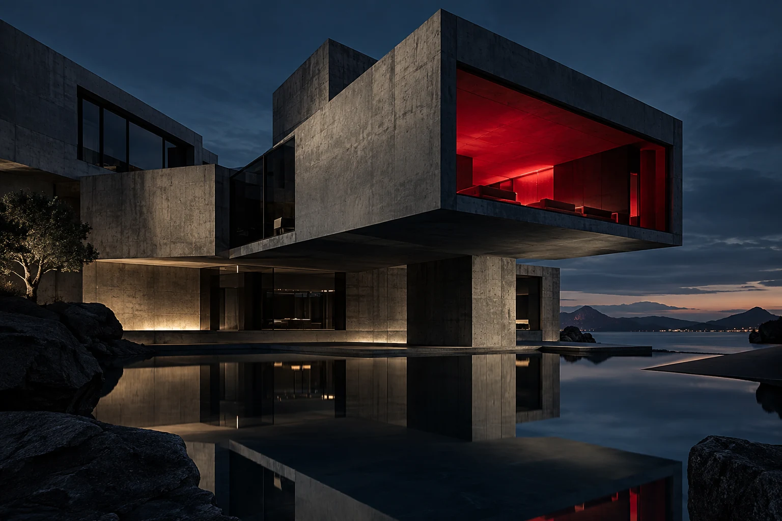 Contemporary residential architecture reflected on water